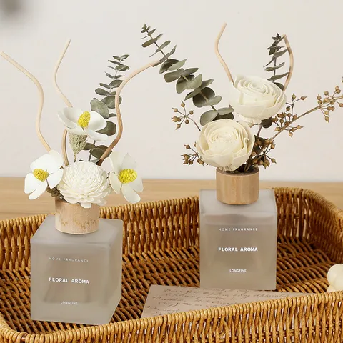 Difusor de Varillas Con Flores Secas Botella de Vidrio Esmerilado Tapón de Madera Aroma Floral Fragancia Para el Hogar Difusor de Aceites Esenciales Para Decoración de Sala de Estar Oficina