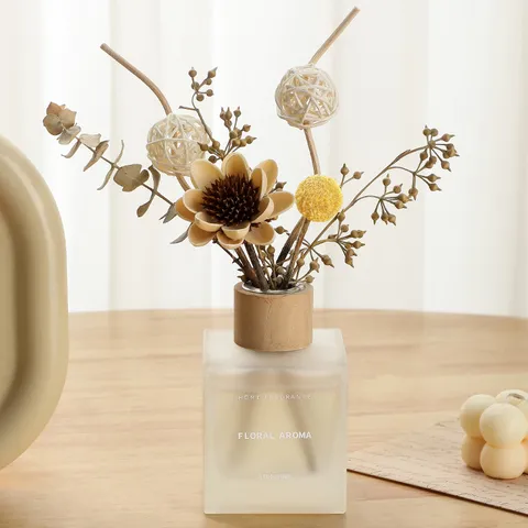 Difusor de Varillas Con Flores Secas Botella de Vidrio Esmerilado Tapón de Madera Aroma Floral Fragancia Para el Hogar Difusor de Aceites Esenciales Para Decoración de Sala de Estar Oficina