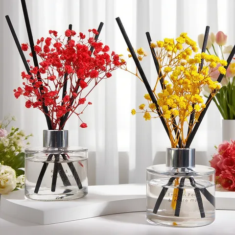 Difusor de Aroma en Botella de Vidrio Con Flores Secas y Varillas de Ratán Ambientador Duradero Para el Hogar Sala de Estar Dormitorio