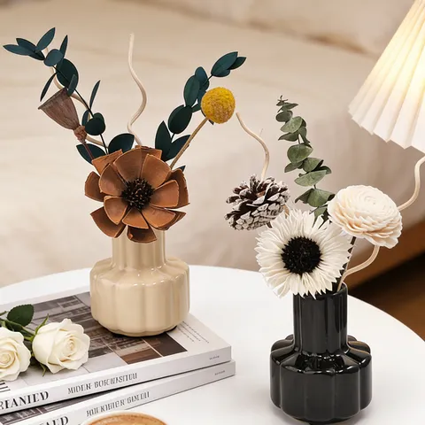 Estilo Pastoral Ins Set de Difusor de Varillas de Flores Secas Jarrón de Cerámica Hogar Aromaterapia Ambientador Aceite Aromático Decoración