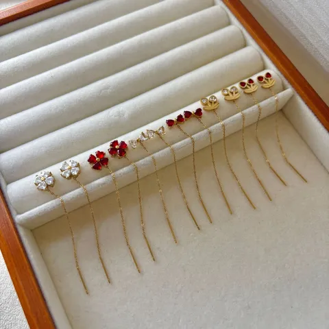 Edelstahl Klee Schleife Kirsche Durchzieher Ohrringe 18K Vergoldet Strass Lange Kette Ohrringe Mode Schmuck Für Damen Geschenk
