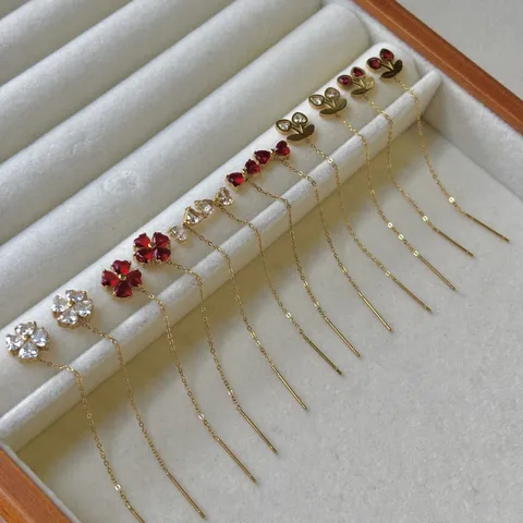 Edelstahl Klee Schleife Kirsche Durchzieher Ohrringe 18K Vergoldet Strass Lange Kette Ohrringe Mode Schmuck Für Damen Geschenk
