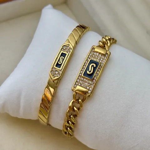 18K Vergoldet Edelstahl S Buchstabe Armband Für Damen Strass Emaille Panzerkette Armreif Vintage Mode Schmuck