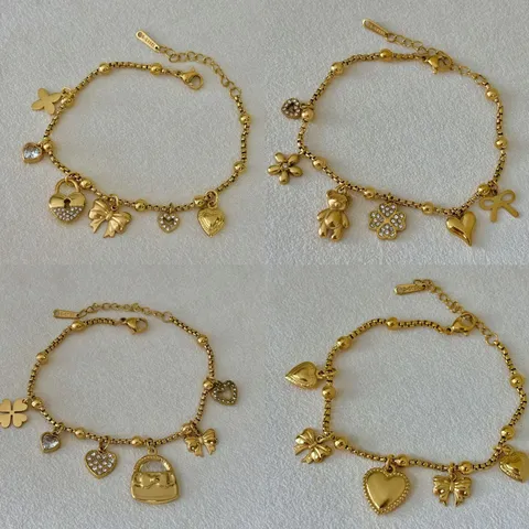 Edelstahl 18K Vergoldet Armband Für Damen Mehrere Anhänger Herz Schmetterling Bär Kleeblatt Strass Schmuck Geschenk