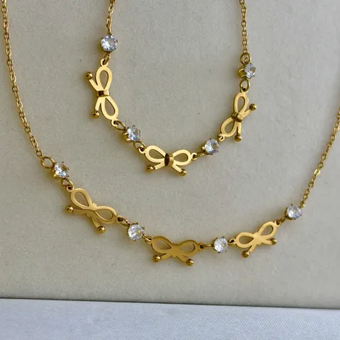 Eleganter Edelstahl Schleife Strass Halskette Armband Für Damen 18K Vergoldet Verblasst Nicht Schmuck Muttertagsgeschenk