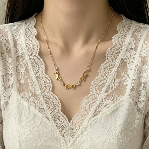 Eleganter Edelstahl Schleife Strass Halskette Armband Für Damen 18K Vergoldet Verblasst Nicht Schmuck Muttertagsgeschenk