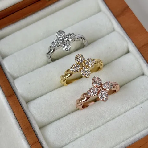 Gewickelter Kupfer Strass Kleeblatt Ring Offen Verstellbar Echtgold Vergoldet Blume Fingerring Mode Schmuck Für Damen Geschenk