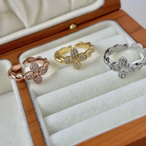Gewickelter Kupfer Strass Kleeblatt Ring Offen Verstellbar Echtgold Vergoldet Blume Fingerring Mode Schmuck Für Damen Geschenk
