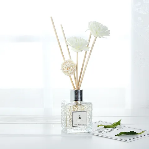 Moderno Difusor de Varillas en Botella de Vidrio con Relieve Ambientador para el Hogar Con Varillas de Fibra y Flores Para Sala Dormitorio Baño Regalo
