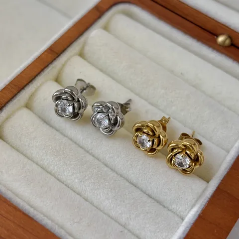 Edelstahl Zirkonia Kamelie Blume Ohrstecker Gold Silber Galvanisiert Rose Floral Ohrringe Schmuck Für Damen Geschenk