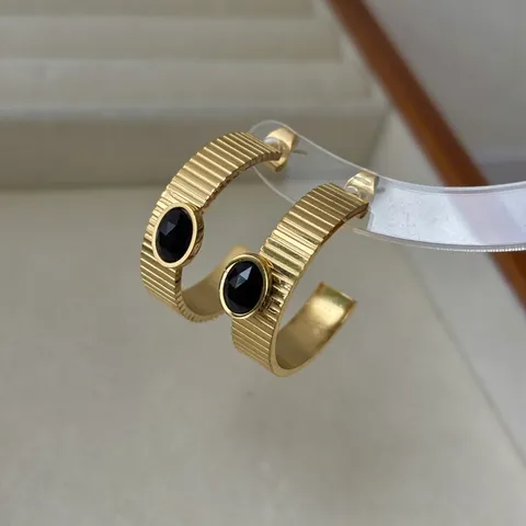 Retro Edelstahl Gestreifte Creolen Für Damen C-Form Oval Strass Eingelegt PVD Vergoldet Wasserdichter Schmuck