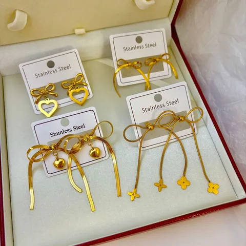 Damen Edelstahl 18K Vergoldete Schleife Herz Ohrhänger Ins Stil Quasten Tropfen Ohrringe Mode Schmuck Geschenk