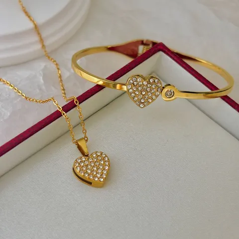Edelstahl 18K Vergoldet Strass Herz Klee Schmuckset Für Damen Elegant Herz Armreif Halskette Ohrringe Hochzeit Geschenk