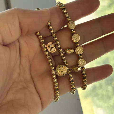 Edelstahl Perlen Elastisches Armband Lotus Anhänger Chinesische Schriftzeichen Frieden Glück Vermögen Schmuck Damen Vergoldet Handschnur Geschenk