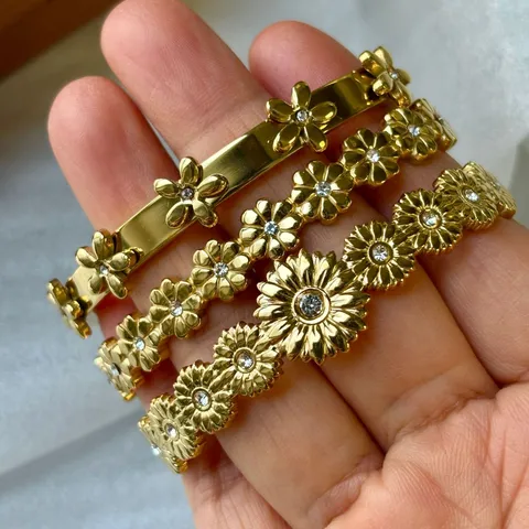 Vintage 18K Vergoldeter Edelstahl Gänseblümchen Armreif Für Damen Retro Strass Blumen Armband Mode Schmuck Geschenk