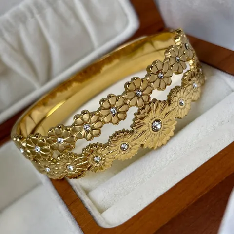 Vintage 18K Vergoldeter Edelstahl Gänseblümchen Armreif Für Damen Retro Strass Blumen Armband Mode Schmuck Geschenk