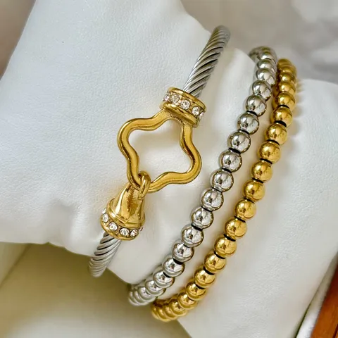 Titanstahl 18K Vergoldet Kleeblatt Kabel Armreif Mit Strass Eingelegtem Perlen Elastischem Armband Schmuck Für Damen