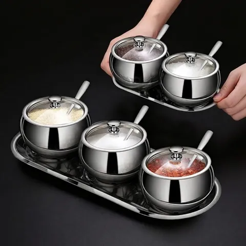 304 Stainless Steel Seasoning Jar Set With Tempered Glass Lid And Spoon Spice Container Organizer For Kitchen Salt Pepper Bottle