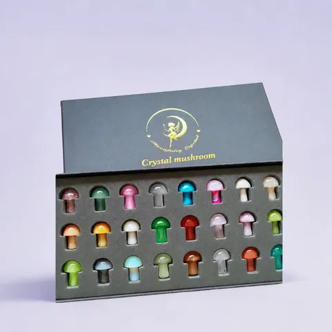 Ensemble de Figurines de Champignons en Pierre de Cristal Naturel Mini Pierre Précieuse Sculptée Décoration Guérison Ornements de Table en Boîte Couleurs Assorties Cadeau