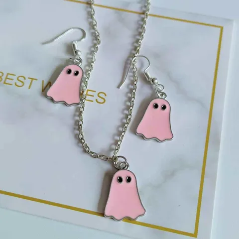 Mignons Collier Et Boucles D Oreilles Pendentif Fantôme D Halloween Pour Femmes En Alliage De Zinc Électroplaqué Bijoux De Vacances Polyvalents Cadeau