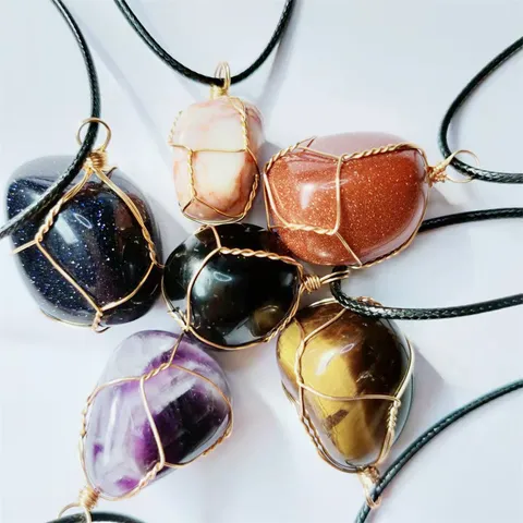 Collier Pendentif en Pierre Naturelle Agate Cristal Enveloppé de Fil Pendentif Pierre Précieuse Irrégulière Avec Cordon Noir Bijoux Femme