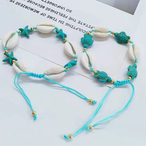 Bracelet Tissé en Coquillage Naturel Turquoise Étoile de Mer Tortue Charme Boho Plage Été Fait Main Bijoux pour Unisexe