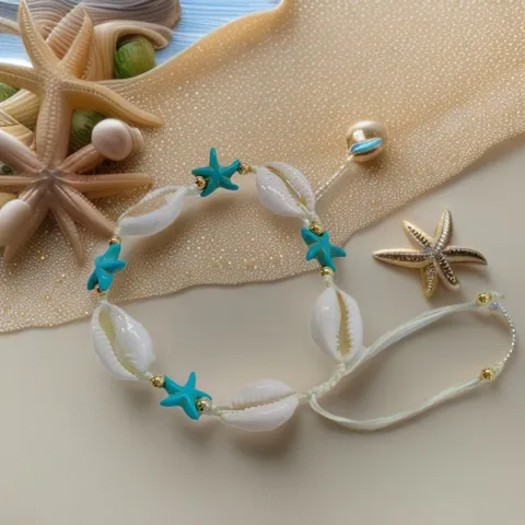 Bracelet Tissé en Coquillage Naturel Turquoise Étoile de Mer Tortue Charme Boho Plage Été Fait Main Bijoux pour Unisexe