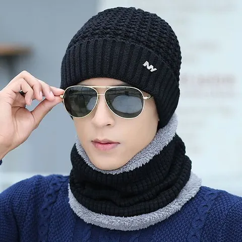 Men Winter Fleece Lined Knit Beanie Hat And Scarf Set Warm Thick Thermal Outdoor Riding Cap With Metal Logo