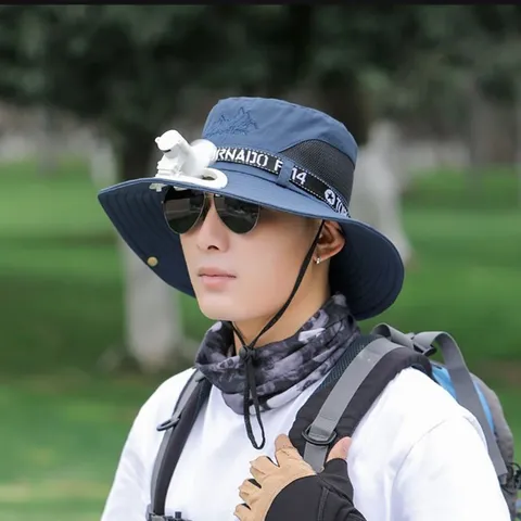 Men Minimalist Polyester Bucket Hat With USB Mini Fan Wide Brim Breathable Sun Protection Outdoor Fishing Hiking Cap