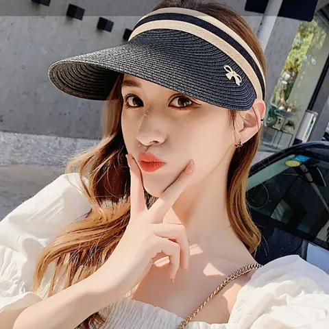 Sombrero de Sol de Paja Tejido Sin Top para Mujer Moda Patchwork a Rayas Ala Curva Visera de Playa Con Lazo para Vacaciones