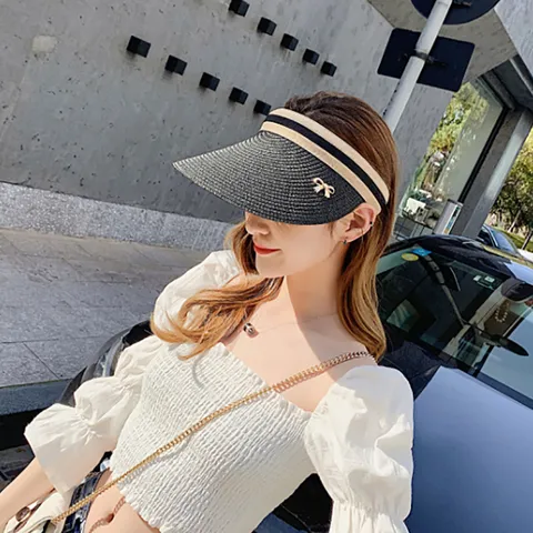 Sombrero de Sol de Paja Tejido Sin Top para Mujer Moda Patchwork a Rayas Ala Curva Visera de Playa Con Lazo para Vacaciones