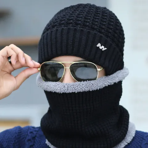 Men Winter Fleece Lined Knit Beanie Hat And Scarf Set Warm Thick Thermal Outdoor Riding Cap With Metal Logo