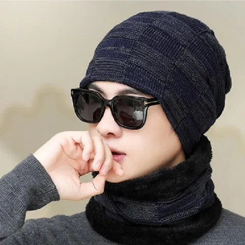 Herren Winter Warm Fleece Gefüttert Strickmütze Und Halswärmer Schal Winddicht Outdoor Radfahren Ohrenschutz Kappe Kariert