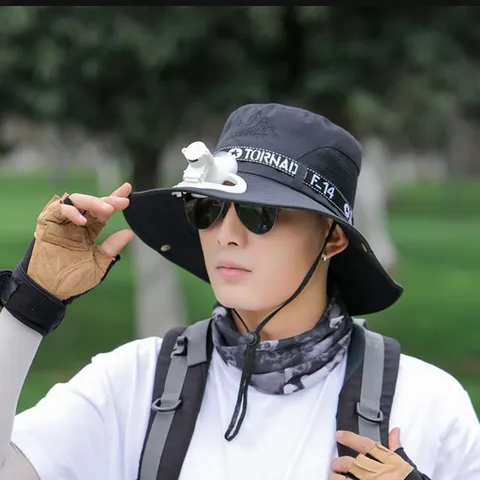 Men Minimalist Polyester Bucket Hat With USB Mini Fan Wide Brim Breathable Sun Protection Outdoor Fishing Hiking Cap