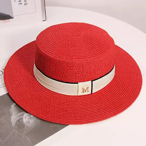 French Vintage Wide Brim Straw Boater Hat For Women Summer Beach Sun Protection Woven Flat Top Flat Top Hat With Letter Decor