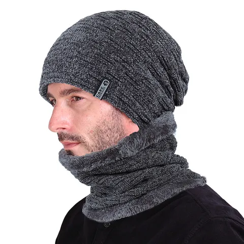 Men Winter Warm Knit Beanie Hat Fleece Lined Outdoor Ear Protection Pullover Cap Thick Skull Cap With Neck Warmer Scarf Set Jewelry
