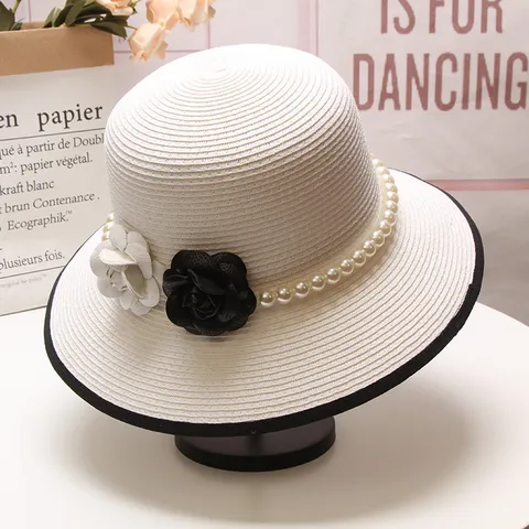 Women French Vintage Elegant Straw Fisherman Hat Black White Pearl Camellia Bucket Hat Sun Beach Hat