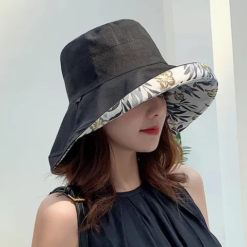 Women Reversible Sun Hat Cotton Linen Botanical Floral Printed Wide Brim Bucket Hat Artistic Casual Beach Packable Sunshade Basin Hat