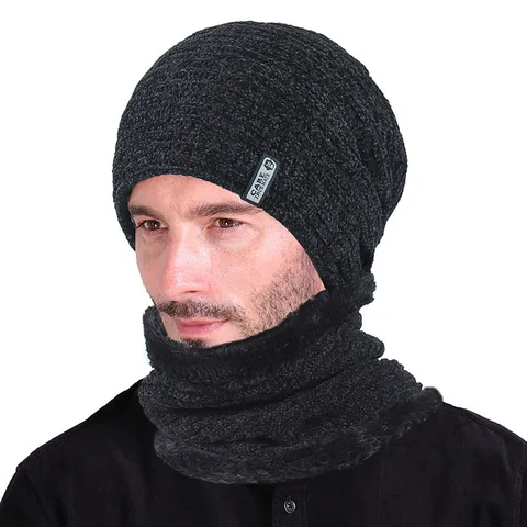 Men Winter Warm Knit Beanie Hat Fleece Lined Outdoor Ear Protection Pullover Cap Thick Skull Cap With Neck Warmer Scarf Set Jewelry