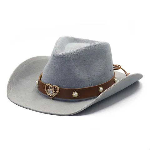 Women's Vintage Denim Cowboy Hat Western Fedora Sun Hat Rhinestone Pearl Decorated Fashion Outdoor Headwear