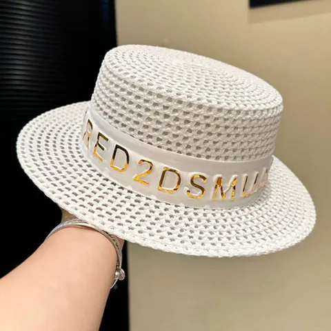 Women Flat Top Straw Hat Featuring A Letter Decorated Band Breathable Woven Material
