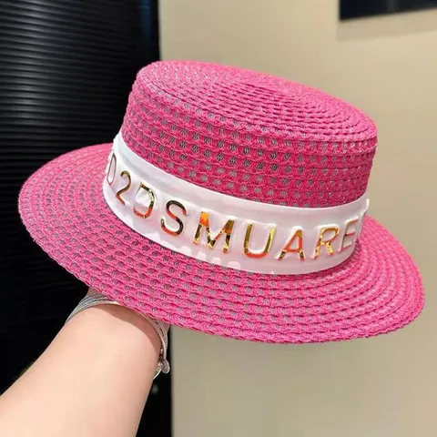 Women Flat Top Straw Hat Featuring A Letter Decorated Band Breathable Woven Material