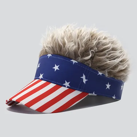 Novelty US Flag Baseball Cap With Synthetic Wig Hair Outdoor Sun Protection Adjustable Novelty Party Hat For Adults