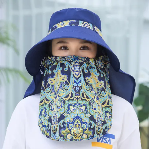 Women Sun Hat Wide Brim UV Protection Summer Cycling Face Neck Cover Mask Outdoor Casual Cotton Polyester Paisley Print Shield Cap