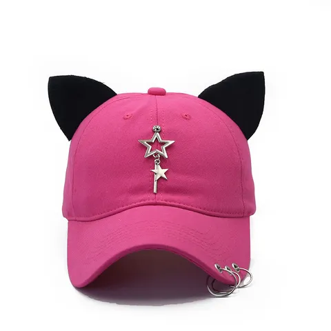 Fashion Unisex Cotton Baseball Cap With Cat Ears Metal Star Chain Punk Style Adjustable Outdoor Sun Hat