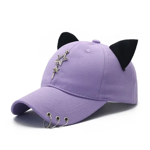 Fashion Unisex Cotton Baseball Cap With Cat Ears Metal Star Chain Punk Style Adjustable Outdoor Sun Hat