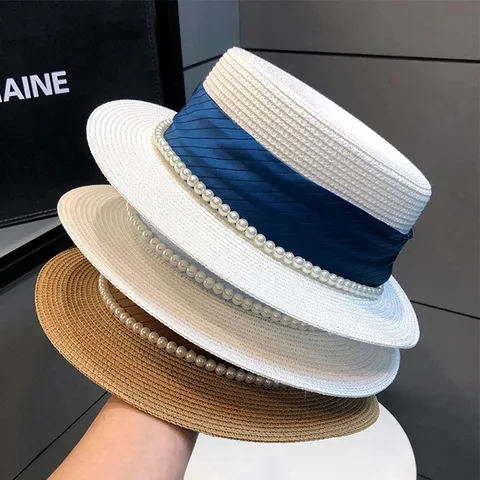 Women Fashion Straw Hat Elegant Flat Top Boater Hat Pearl Satin Ribbon Sun Protection Beach Summer Vacation Sun Hat
