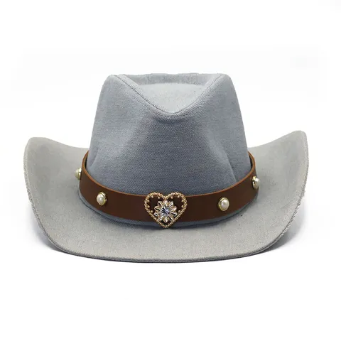 Women's Vintage Denim Cowboy Hat Western Fedora Sun Hat Rhinestone Pearl Decorated Fashion Outdoor Headwear