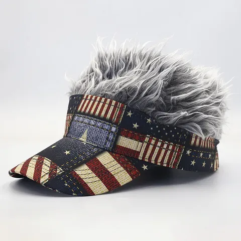 Funny Wig Baseball Cap Sun Visor With Synthetic Hair American Flag Tropical Leaf Print Adjustable Streetwear Hat Unisex
