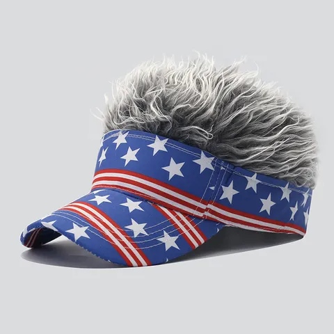 Novelty US Flag Baseball Cap With Synthetic Wig Hair Outdoor Sun Protection Adjustable Novelty Party Hat For Adults
